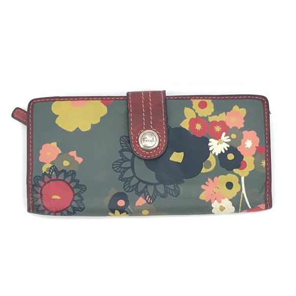 Fossil Handbags - Fossil Gray Red Floral Bifold Snap Leather Wallet